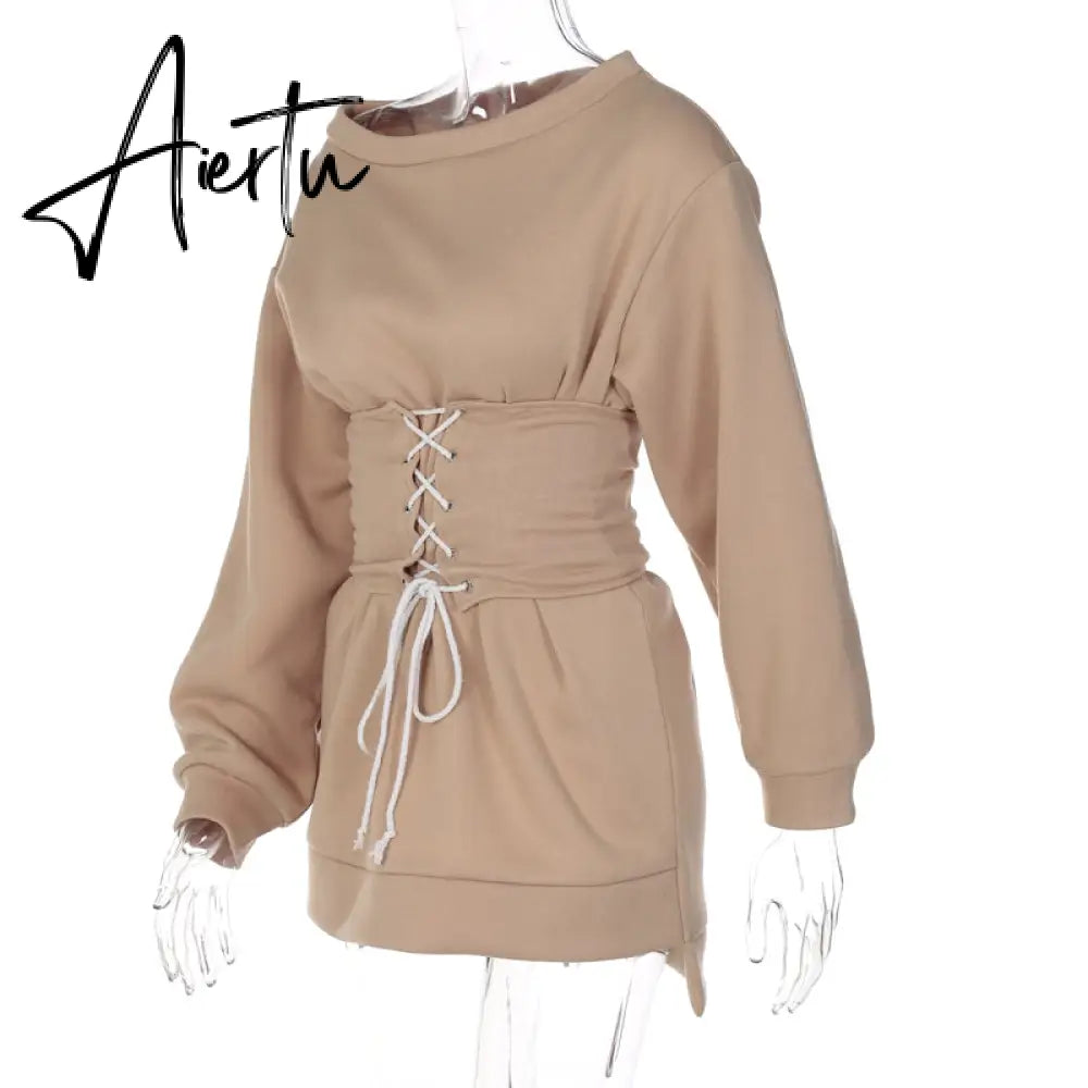 Aiertu  Women Solid Long Sleeve Off Shoulder Bandage Mini Dress With Corset Set  Autumn Streetwear Outfit Fashion Elegant Aiertu