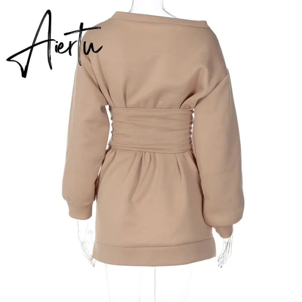 Aiertu  Women Solid Long Sleeve Off Shoulder Bandage Mini Dress With Corset Set  Autumn Streetwear Outfit Fashion Elegant Aiertu