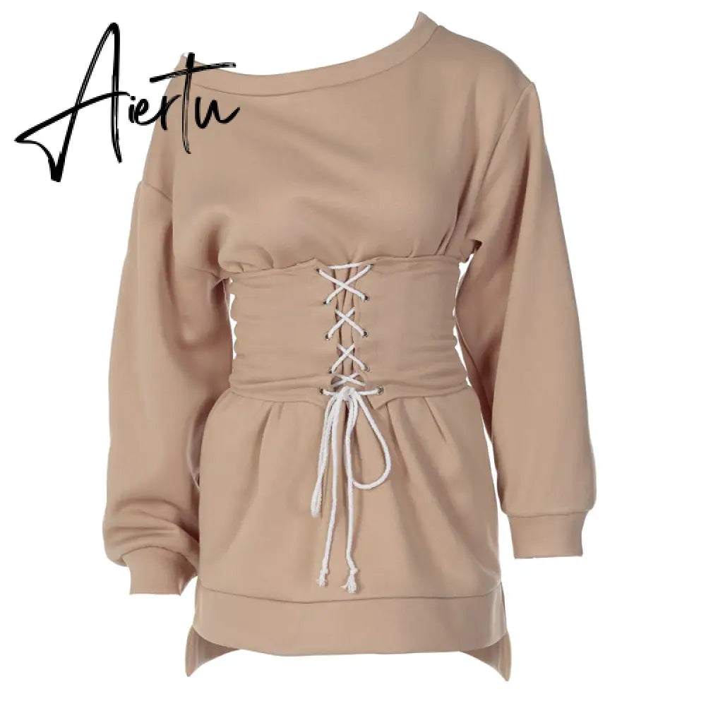 Aiertu  Women Solid Long Sleeve Off Shoulder Bandage Mini Dress With Corset Set  Autumn Streetwear Outfit Fashion Elegant Aiertu