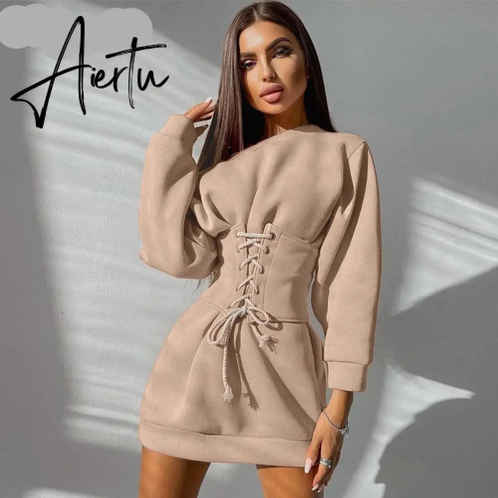 Aiertu  Women Solid Long Sleeve Off Shoulder Bandage Mini Dress With Corset Set  Autumn Streetwear Outfit Fashion Elegant Aiertu