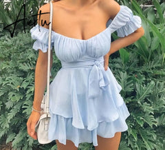 Aiertu Women Solid Ruffles Hem Strap Short Sleeve Cold Shoulder Mini Dress Summer Mini Dress Aiertu