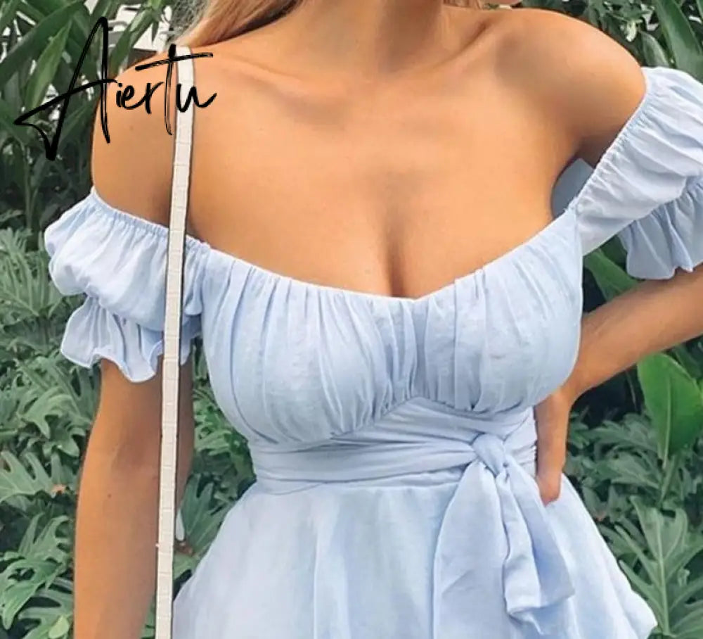 Aiertu Women Solid Ruffles Hem Strap Short Sleeve Cold Shoulder Mini Dress Summer Mini Dress Aiertu