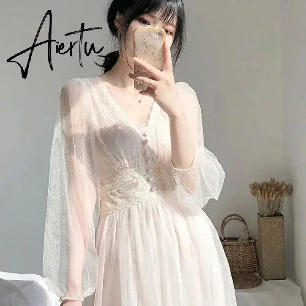 Aiertu Women Spring Dress Vintage Elegant with Button A-Line Dress Solid Puff Sleeve Lace Voile Mesh Dress Women Vestidos 8126 Aiertu