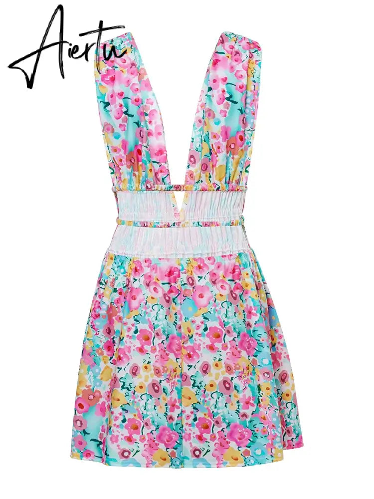 Aiertu Women Summer Dress Flower Sleeveless Deep V Neck Backless Pleated Dress Bohemian Party Beach Sexy Elegant Dresses Female Aiertu