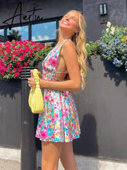 Aiertu Women Summer Dress Flower Sleeveless Deep V Neck Backless Pleated Dress Bohemian Party Beach Sexy Elegant Dresses Female Aiertu
