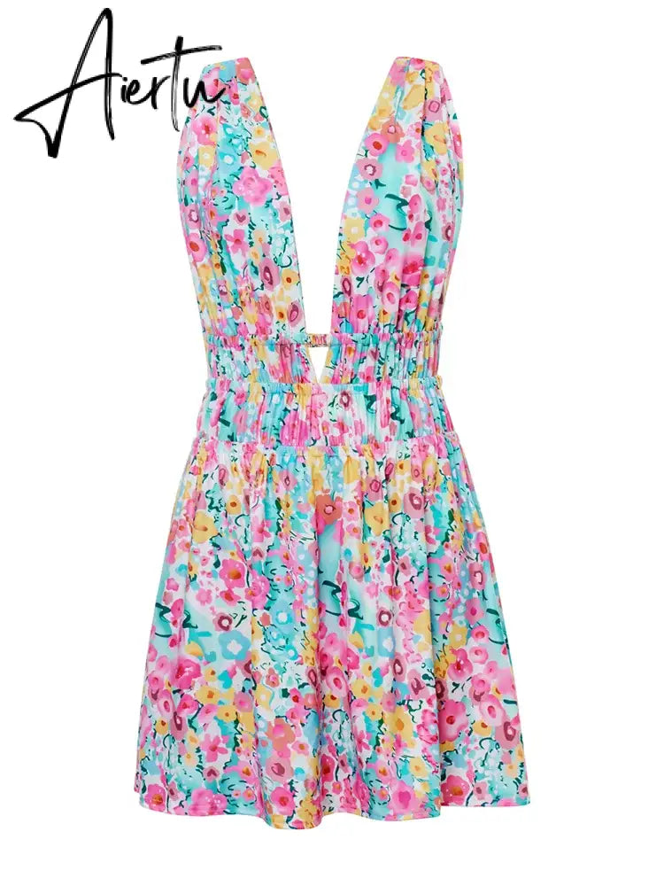 Aiertu Women Summer Dress Flower Sleeveless Deep V Neck Backless Pleated Dress Bohemian Party Beach Sexy Elegant Dresses Female Aiertu