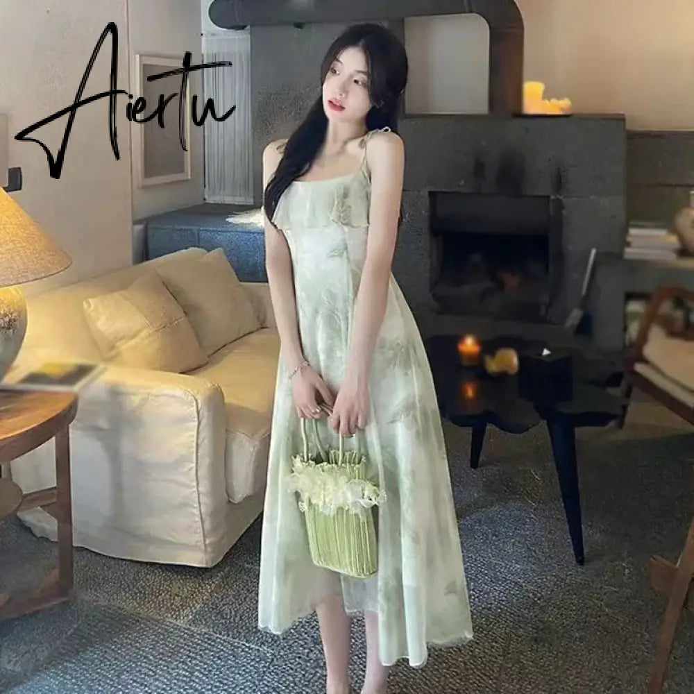 Aiertu Women Summer French Vintage Midi Dresses Print Elegant Party Sweet Female Clothes Korean Casual fairy Dress Aiertu