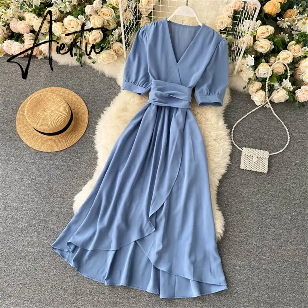 AIERTU Women Summer Midi French Dress Sweet V-Neck Puff Sleeve High Waist Elegant Solid Woman Dresses Female Clothing New Year Aiertu