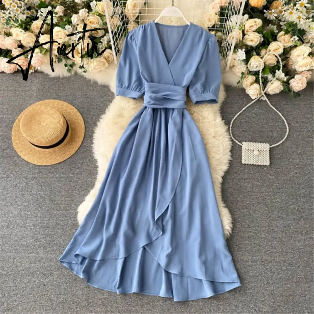 AIERTU Women Summer Midi French Dress Sweet V-Neck Puff Sleeve High Waist Elegant Solid Woman Dresses Female Clothing New Year Aiertu