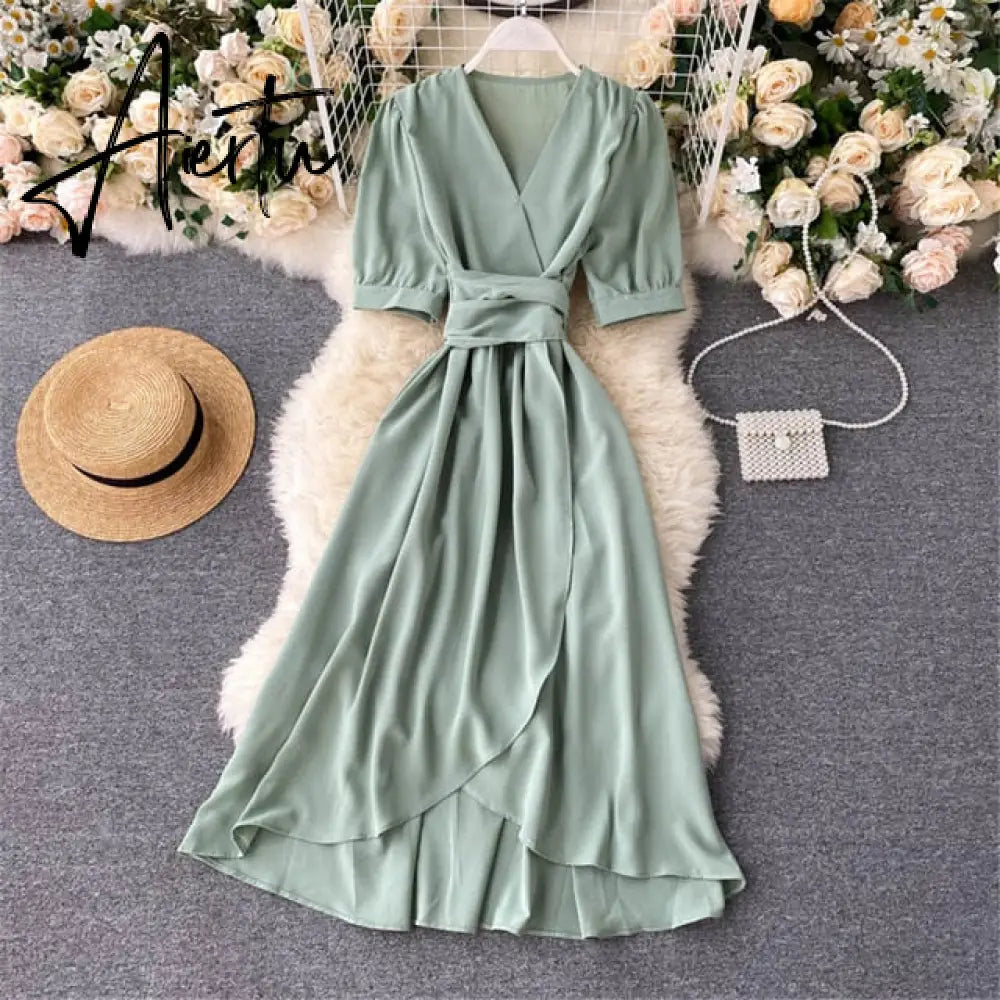 AIERTU Women Summer Midi French Dress Sweet V-Neck Puff Sleeve High Waist Elegant Solid Woman Dresses Female Clothing New Year Aiertu