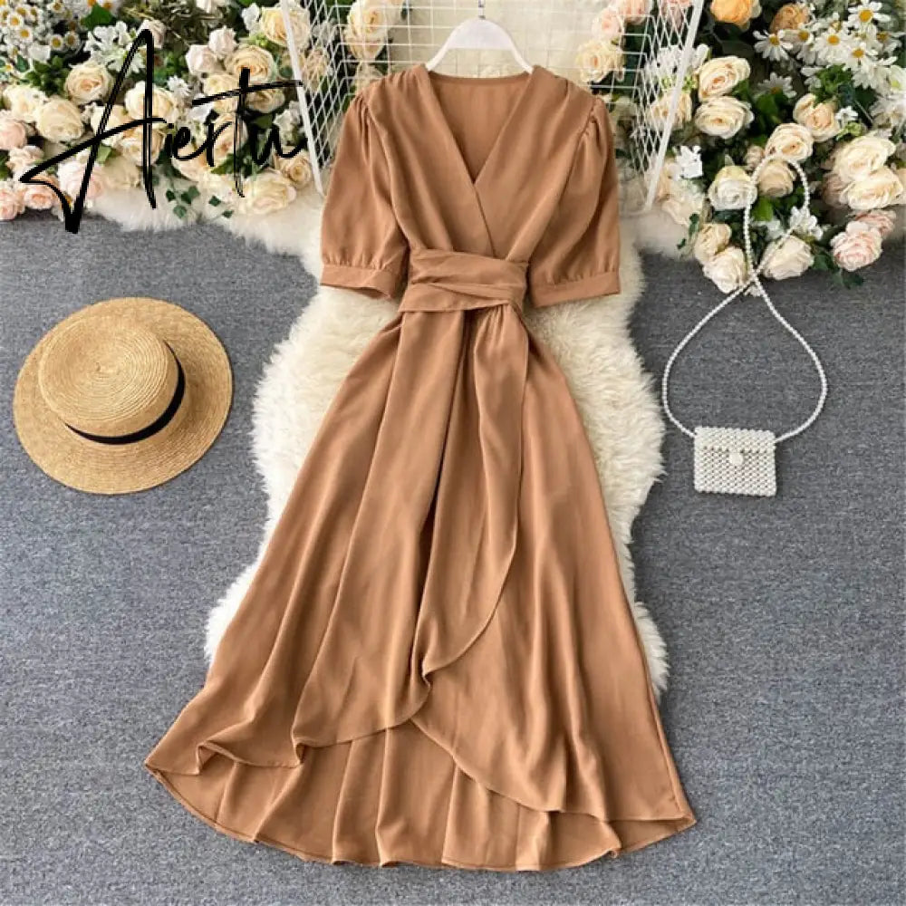 AIERTU Women Summer Midi French Dress Sweet V-Neck Puff Sleeve High Waist Elegant Solid Woman Dresses Female Clothing New Year Aiertu