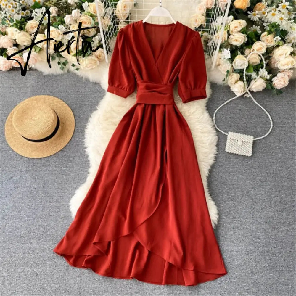 AIERTU Women Summer Midi French Dress Sweet V-Neck Puff Sleeve High Waist Elegant Solid Woman Dresses Female Clothing New Year Aiertu