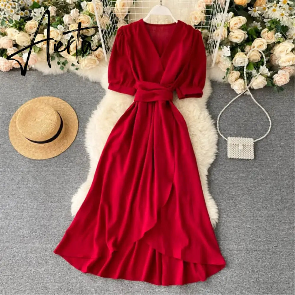 AIERTU Women Summer Midi French Dress Sweet V-Neck Puff Sleeve High Waist Elegant Solid Woman Dresses Female Clothing New Year Aiertu