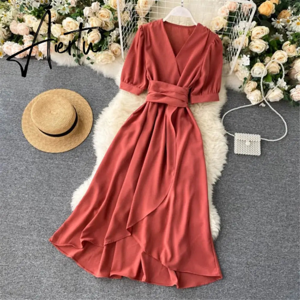 AIERTU Women Summer Midi French Dress Sweet V-Neck Puff Sleeve High Waist Elegant Solid Woman Dresses Female Clothing New Year Aiertu