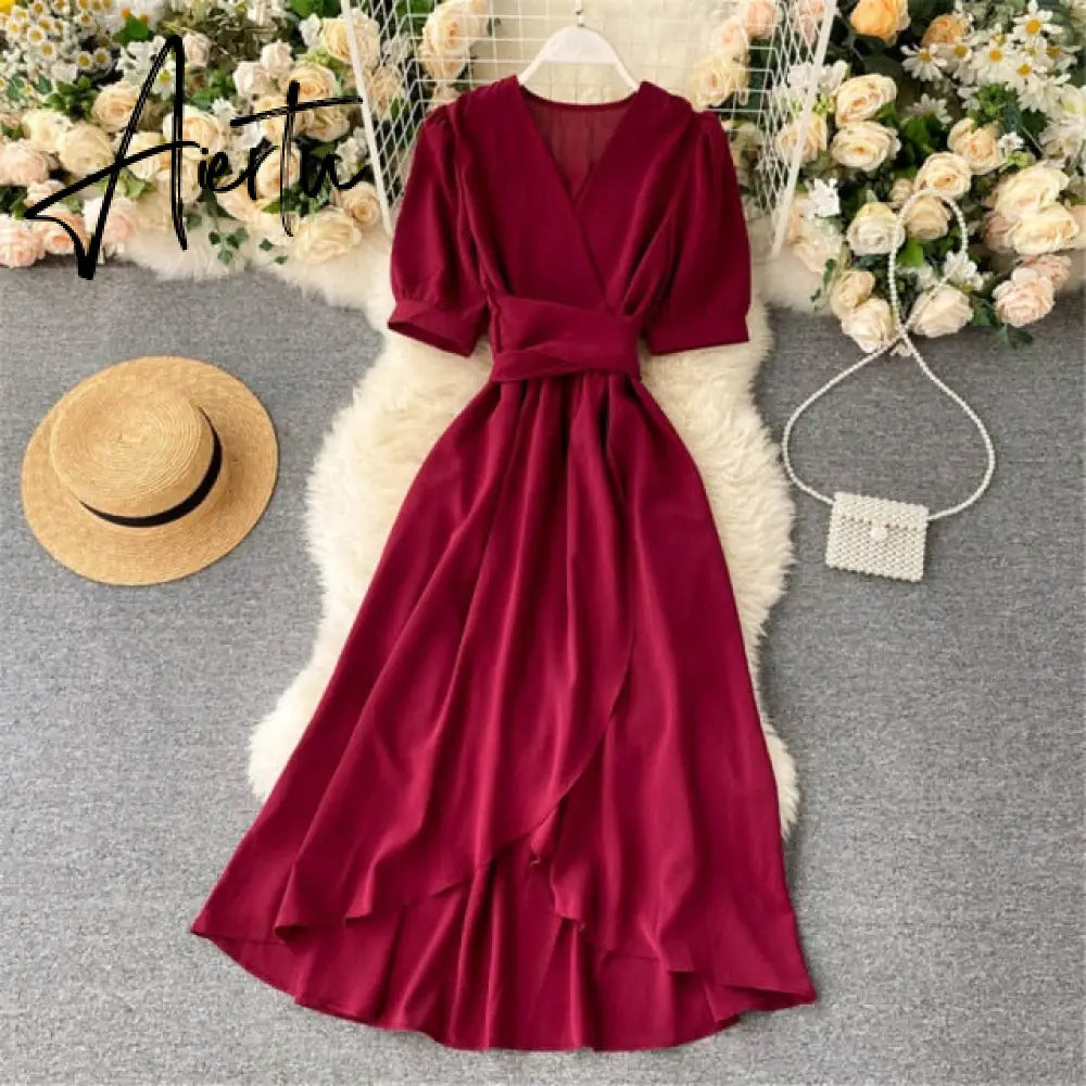 AIERTU Women Summer Midi French Dress Sweet V-Neck Puff Sleeve High Waist Elegant Solid Woman Dresses Female Clothing New Year Aiertu