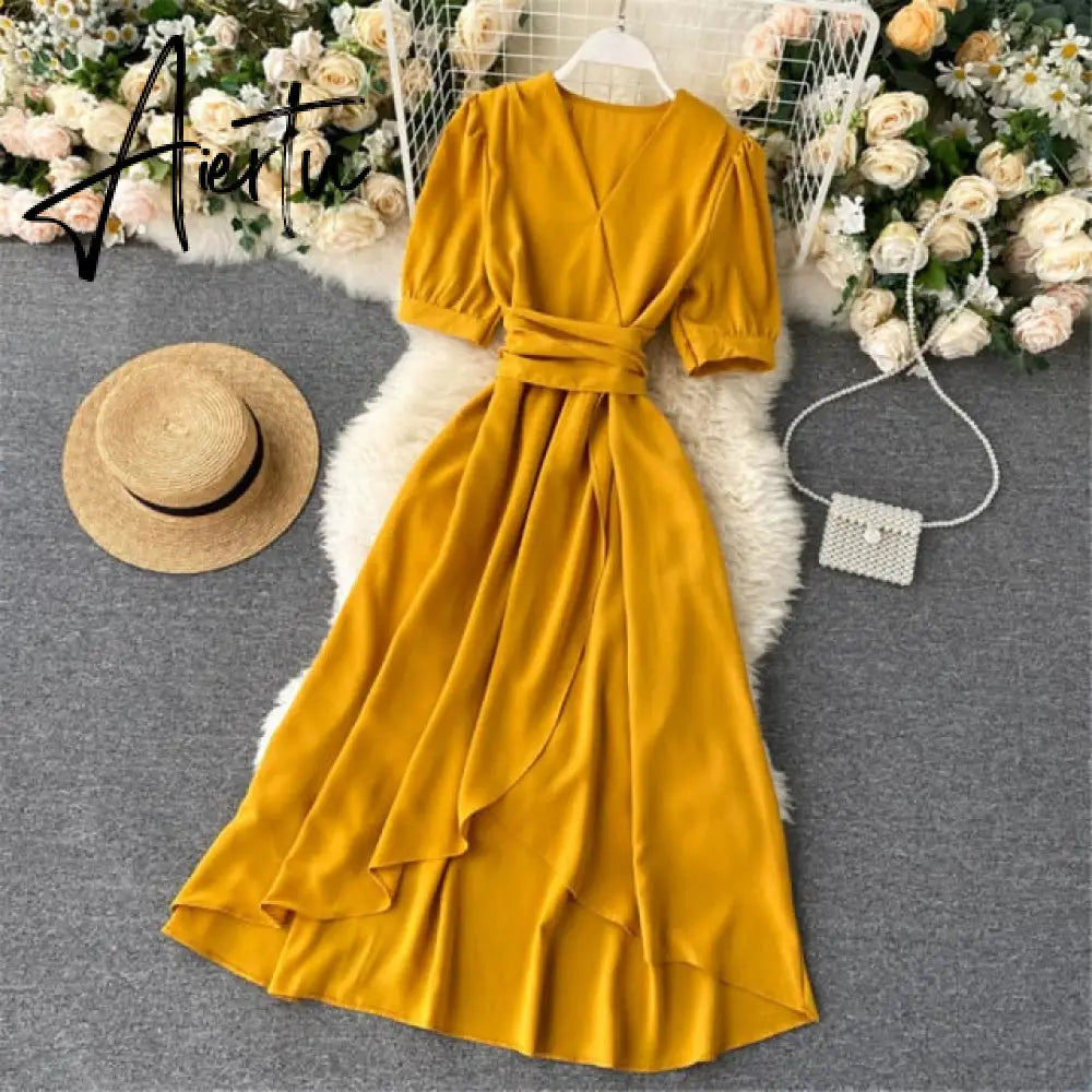 AIERTU Women Summer Midi French Dress Sweet V-Neck Puff Sleeve High Waist Elegant Solid Woman Dresses Female Clothing New Year Aiertu