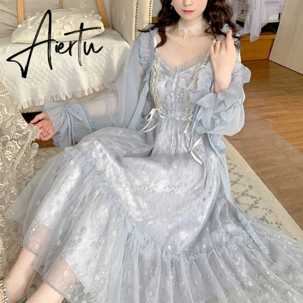 Aiertu Women Summer Sequins Floral Midi Lace Camisole Dress Vintage Franch Female Strapless Party Dress Casual Holiday Ladies Aiertu