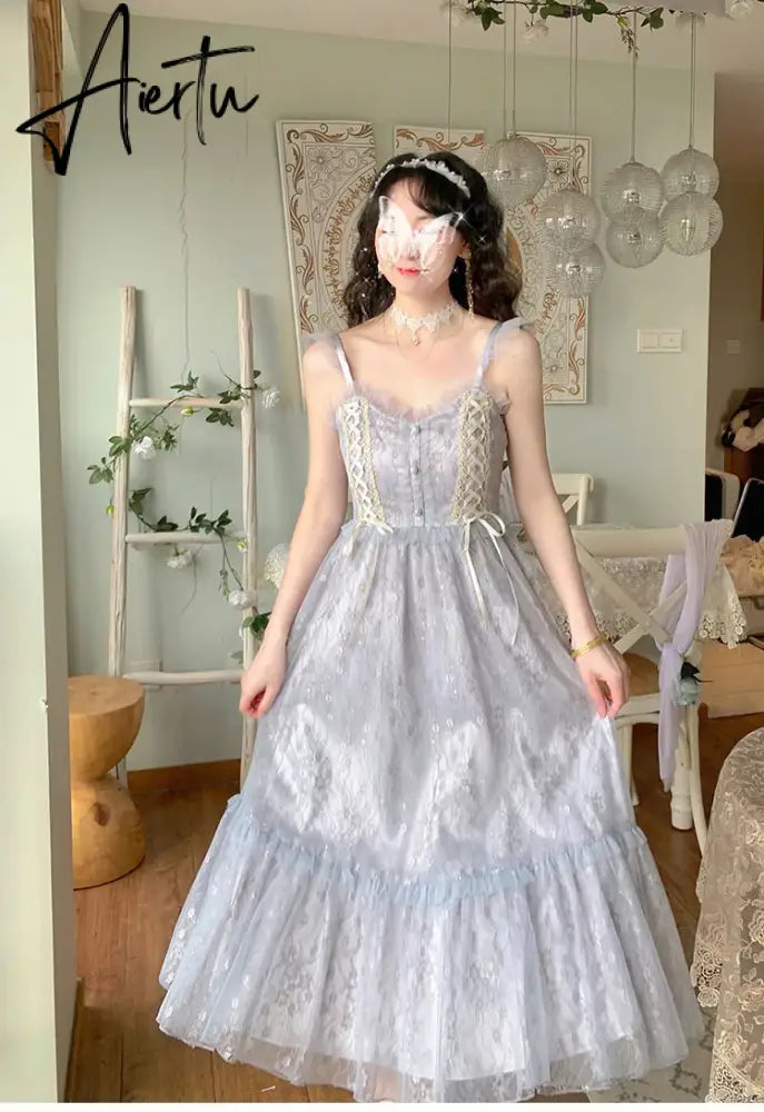 Aiertu Women Summer Sequins Floral Midi Lace Camisole Dress Vintage Franch Female Strapless Party Dress Casual Holiday Ladies Aiertu