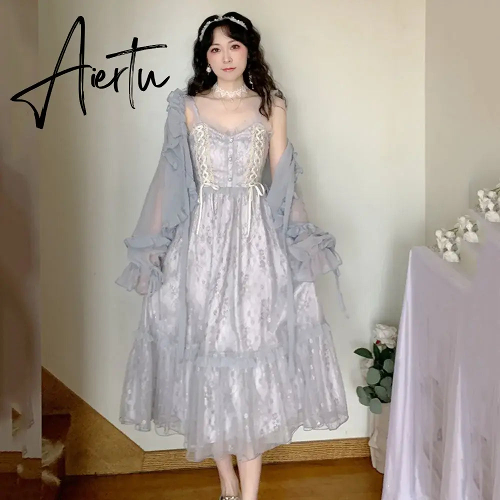 Aiertu Women Summer Sequins Floral Midi Lace Camisole Dress Vintage Franch Female Strapless Party Dress Casual Holiday Ladies Aiertu