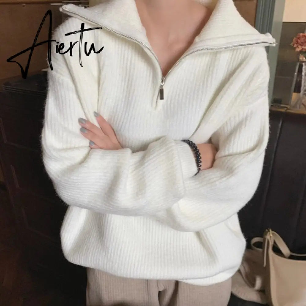 Aiertu Women Sweater Oversize Zipper Knitted Pullover Long Sleeve Solid Color Loose Ladies Sweaters Autumn Winter Women's Turtleneck Aiertu