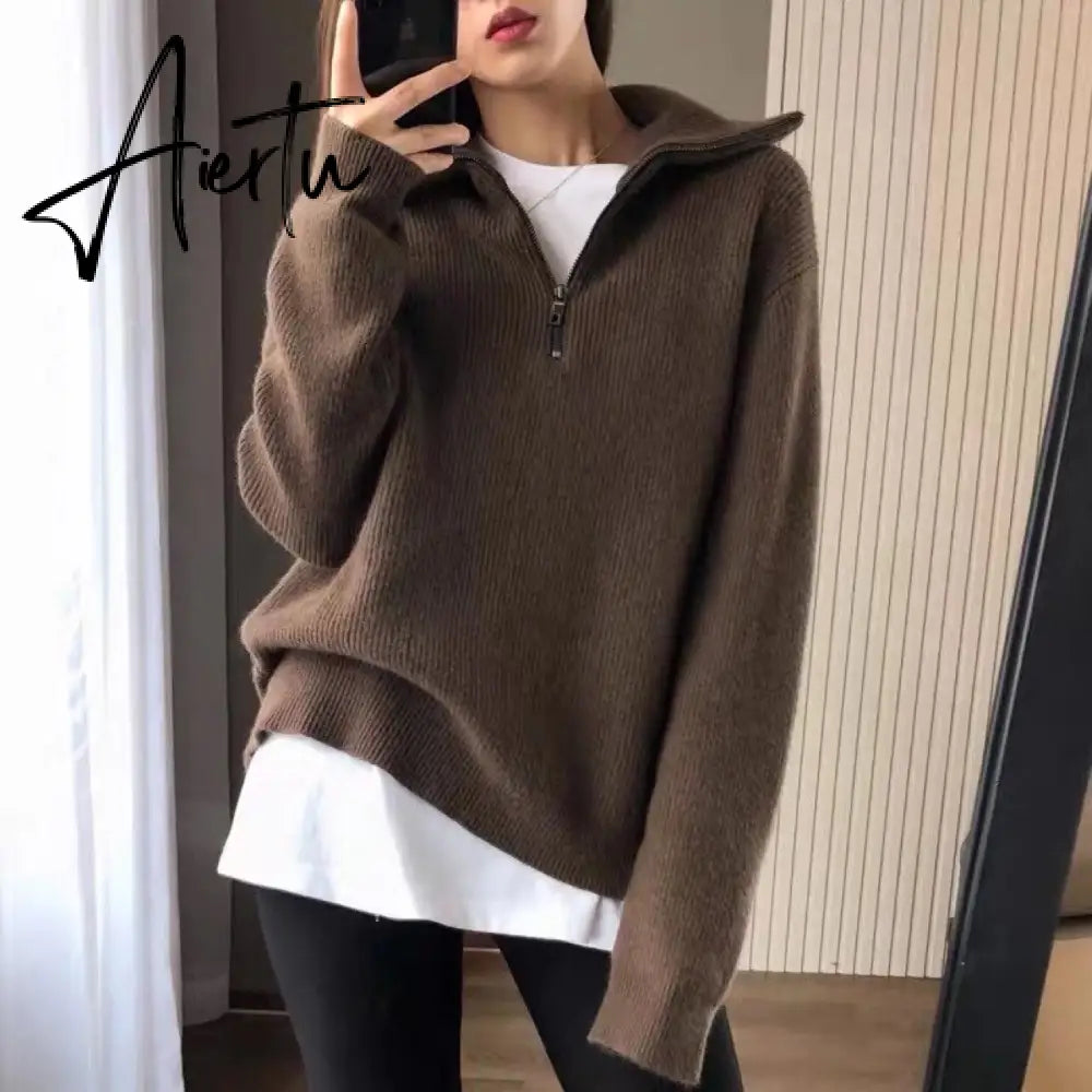 Aiertu Women Sweater Oversize Zipper Knitted Pullover Long Sleeve Solid Color Loose Ladies Sweaters Autumn Winter Women's Turtleneck Aiertu