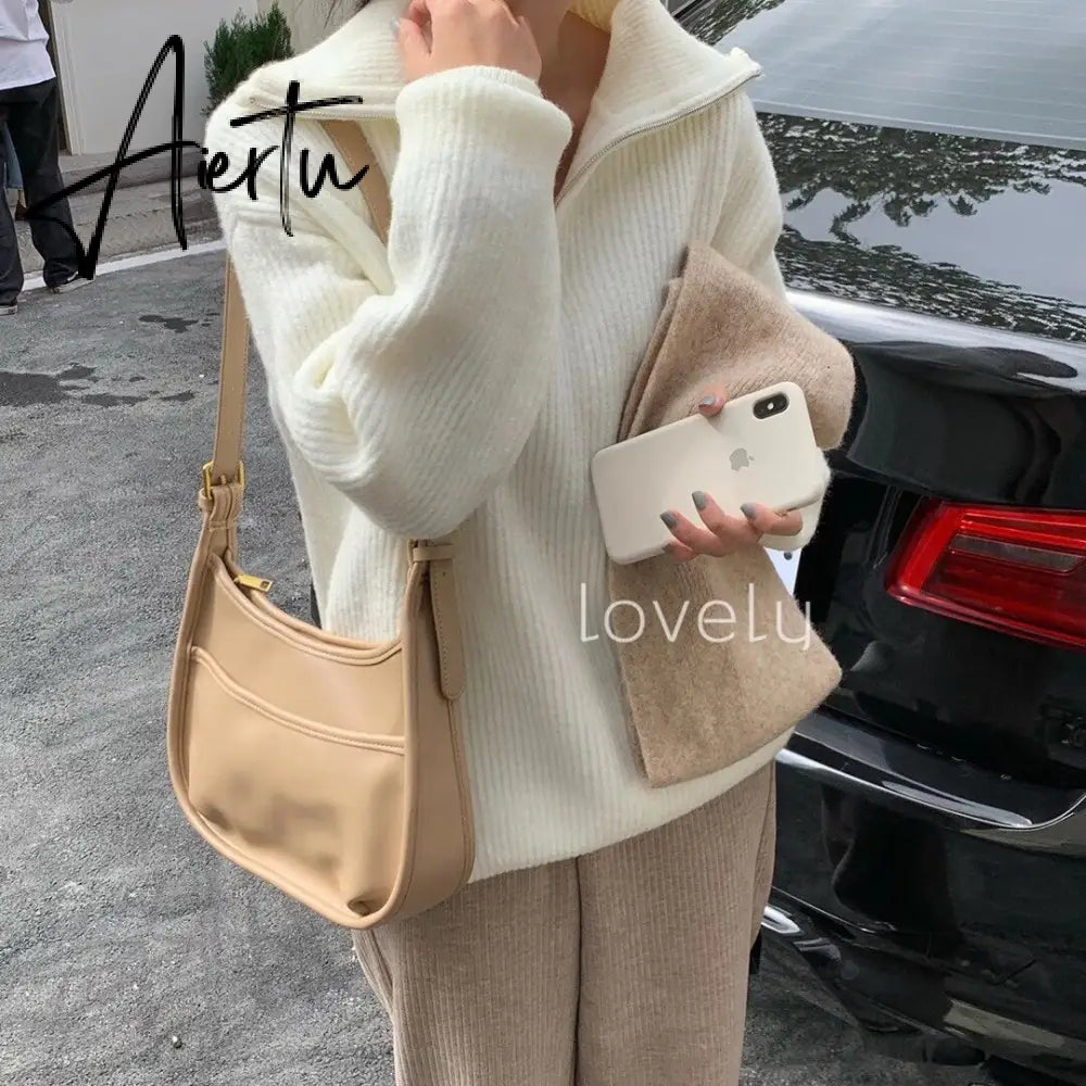 Aiertu Women Sweater Oversize Zipper Knitted Pullover Long Sleeve Solid Color Loose Ladies Sweaters Autumn Winter Women's Turtleneck Aiertu