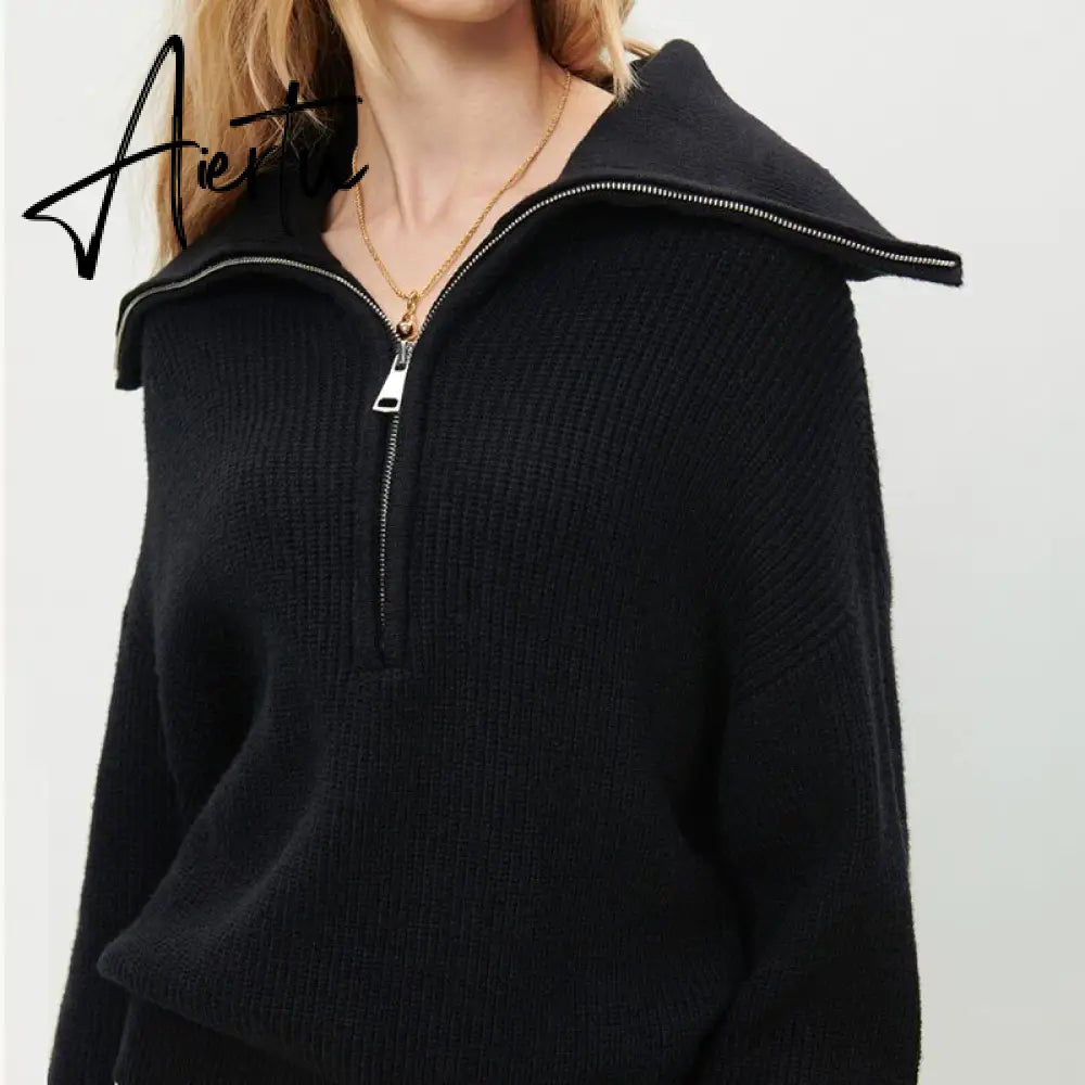 Aiertu Women Sweater Oversize Zipper Knitted Pullover Long Sleeve Solid Color Loose Ladies Sweaters Autumn Winter Women's Turtleneck Aiertu