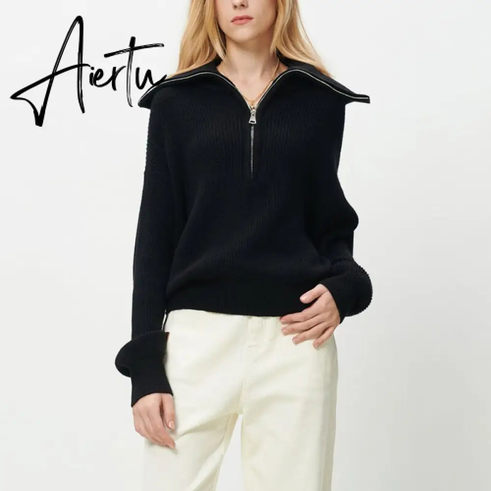 Aiertu Women Sweater Oversize Zipper Knitted Pullover Long Sleeve Solid Color Loose Ladies Sweaters Autumn Winter Women's Turtleneck Aiertu