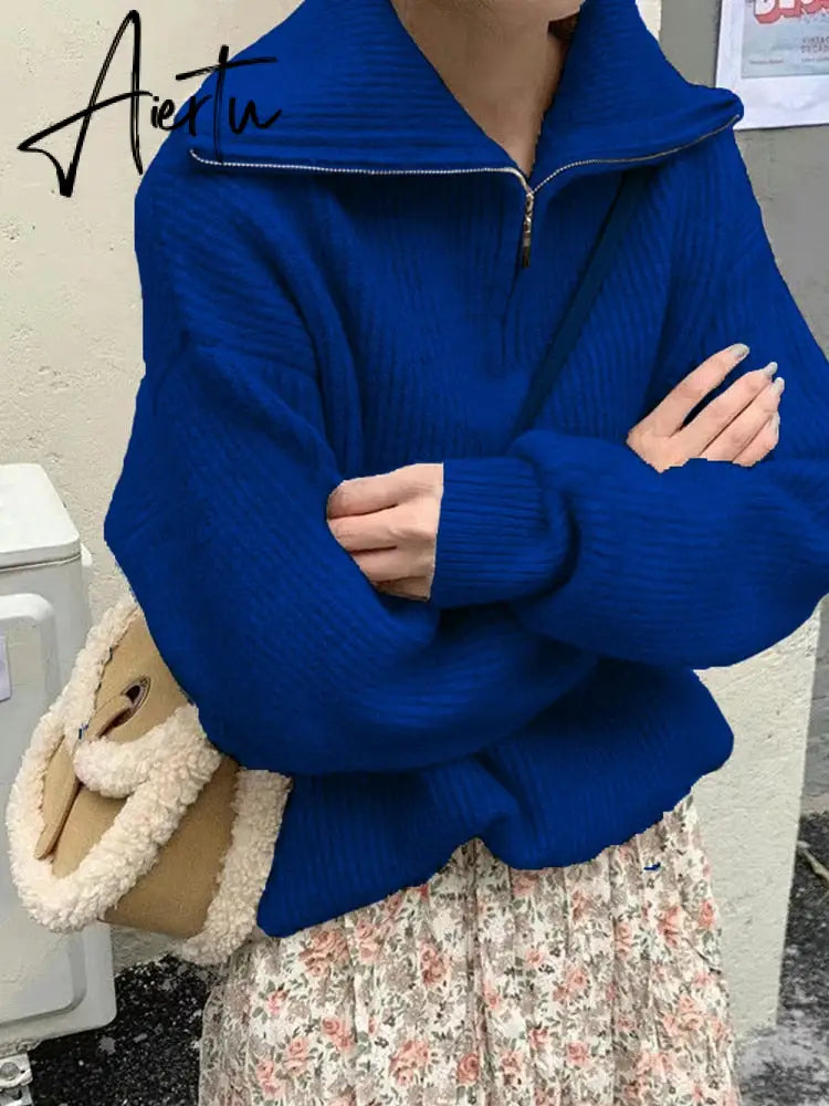 Aiertu Women Sweater Oversize Zipper Knitted Pullover Long Sleeve Solid Color Loose Ladies Sweaters Autumn Winter Women's Turtleneck Aiertu