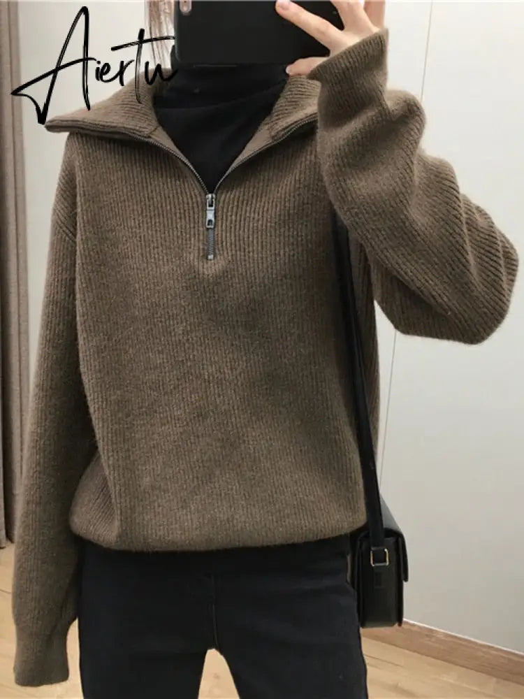 Aiertu Women Sweater Oversize Zipper Knitted Pullover Long Sleeve Solid Color Loose Ladies Sweaters Autumn Winter Women's Turtleneck Aiertu
