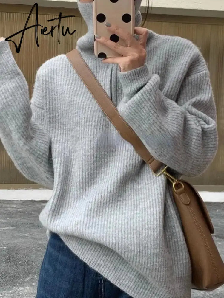 Aiertu Women Sweater Oversize Zipper Knitted Pullover Long Sleeve Solid Color Loose Ladies Sweaters Autumn Winter Women's Turtleneck Aiertu