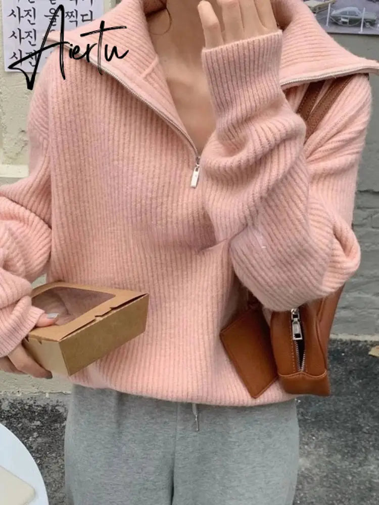 Aiertu Women Sweater Oversize Zipper Knitted Pullover Long Sleeve Solid Color Loose Ladies Sweaters Autumn Winter Women's Turtleneck Aiertu