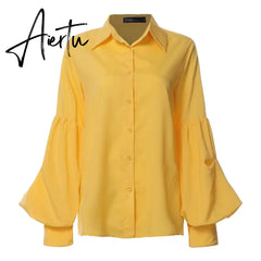 Aiertu Women Tops and Blouses Stylish Autumn Lantern Sleeve Casual Solid Shirts Retro Loose Buttons Female Party Blusas Aiertu