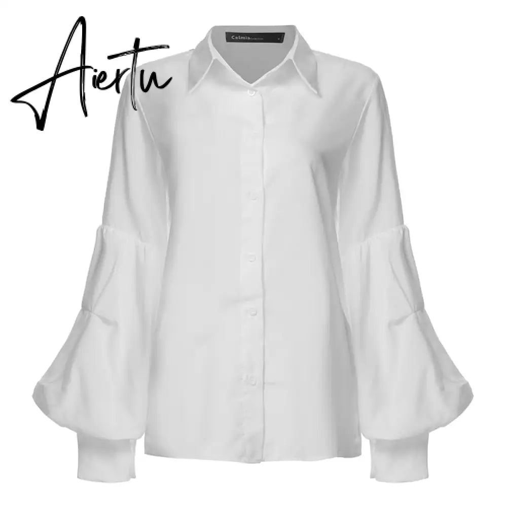 Aiertu Women Tops and Blouses Stylish Autumn Lantern Sleeve Casual Solid Shirts Retro Loose Buttons Female Party Blusas Aiertu