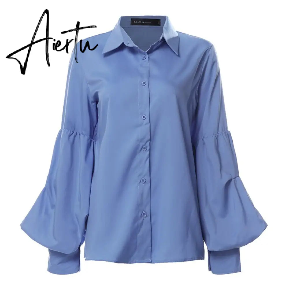 Aiertu Women Tops and Blouses Stylish Autumn Lantern Sleeve Casual Solid Shirts Retro Loose Buttons Female Party Blusas Aiertu