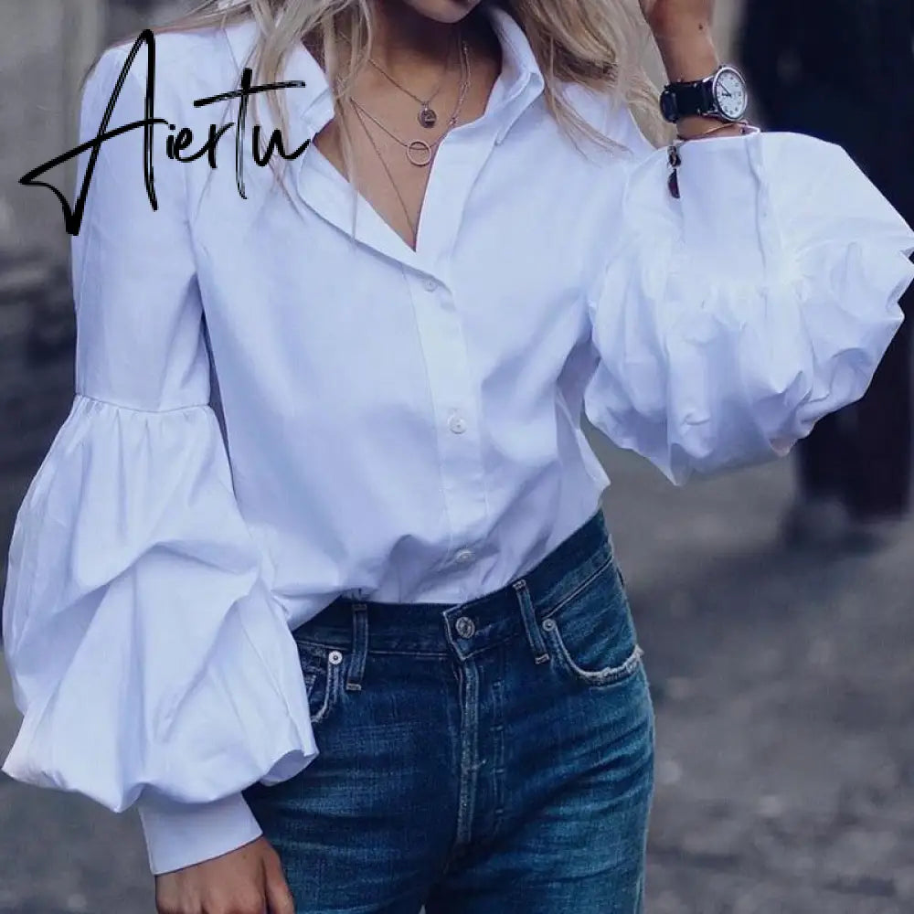 Aiertu Women Tops and Blouses Stylish Autumn Lantern Sleeve Casual Solid Shirts Retro Loose Buttons Female Party Blusas Aiertu