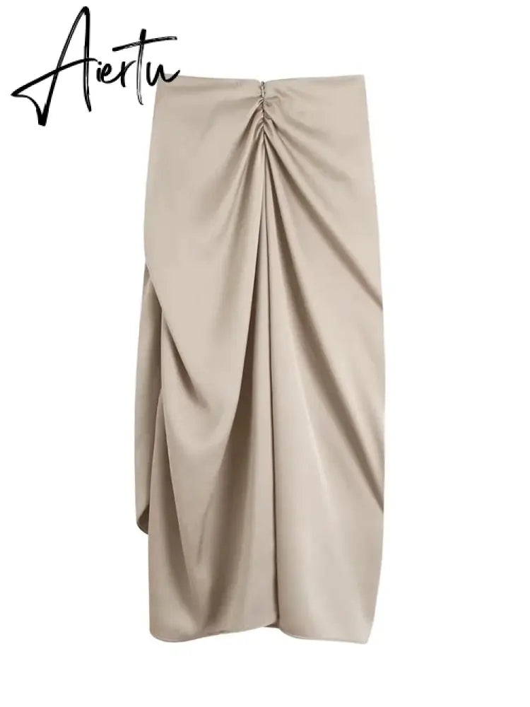 Aiertu Women Twist Knot Design Side Slit Satin Sarong Skirts Summer Female High Waist Loose Midi Clothes Aiertu