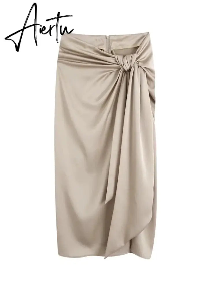 Aiertu Women Twist Knot Design Side Slit Satin Sarong Skirts Summer Female High Waist Loose Midi Clothes Aiertu