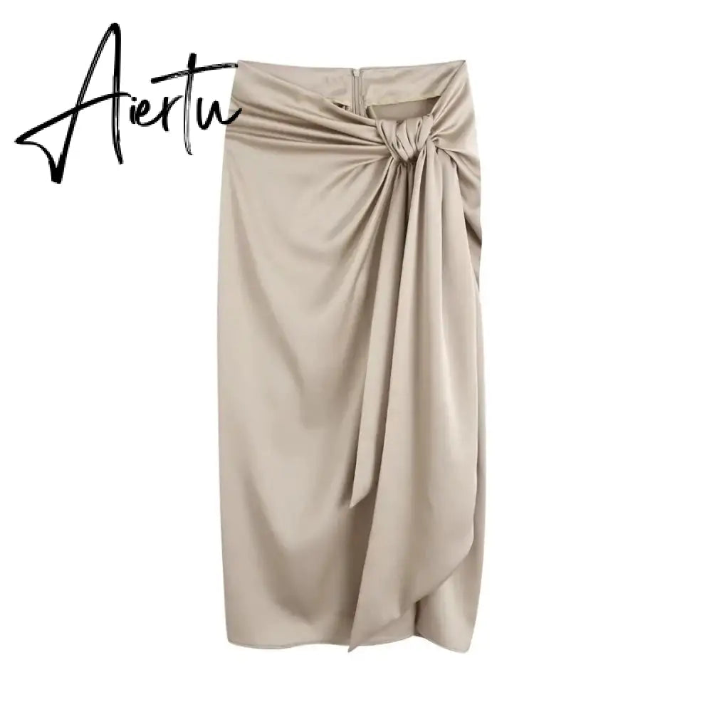 Aiertu Women Twist Knot Design Side Slit Satin Sarong Skirts Summer Female High Waist Loose Midi Clothes Aiertu