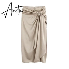 Aiertu Women Twist Knot Design Side Slit Satin Sarong Skirts Summer Female High Waist Loose Midi Clothes Aiertu