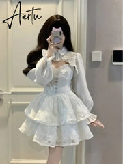 Aiertu Women Two Pieces Sets Crop Overshirt + Spaghetti Strap Lace Dress Y2k Aesthetic Streetwear Korean Style Chic Sexy Autumn Outfits Aiertu