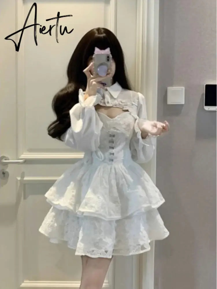 Aiertu Women Two Pieces Sets Crop Overshirt + Spaghetti Strap Lace Dress Y2k Aesthetic Streetwear Korean Style Chic Sexy Autumn Outfits Aiertu