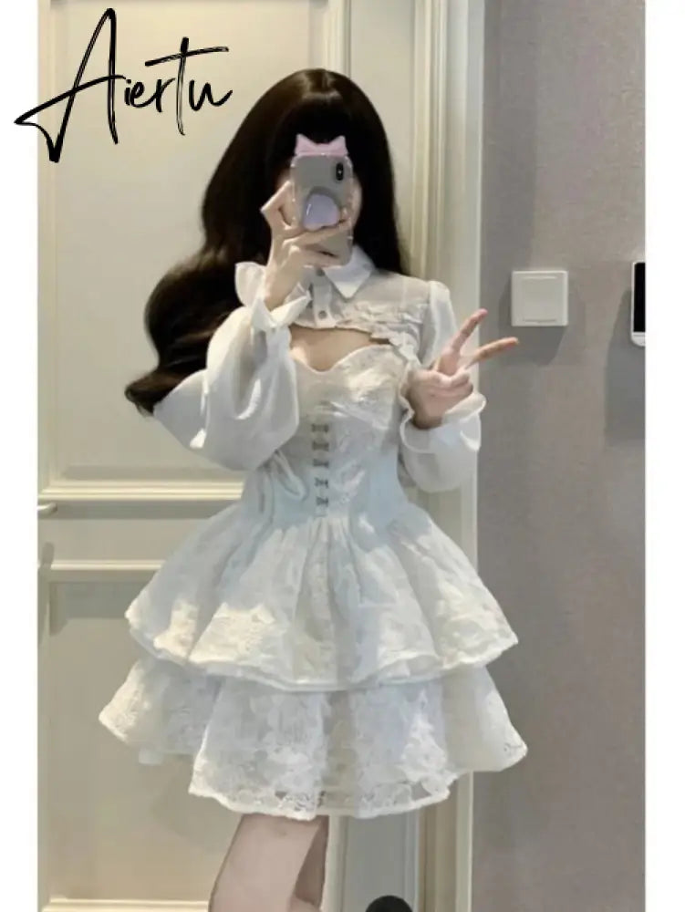 Aiertu Women Two Pieces Sets Crop Overshirt + Spaghetti Strap Lace Dress Y2k Aesthetic Streetwear Korean Style Chic Sexy Autumn Outfits Aiertu