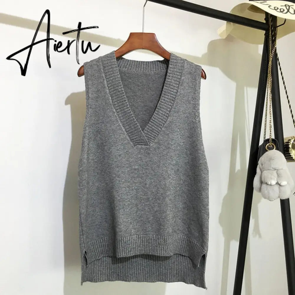 Aiertu Women V Neck Sweater Vest Korean Preppy Style Solid Knitted Sleeveless Sweater Female Autumn Winter Casual Loose Pullover Jumper Aiertu