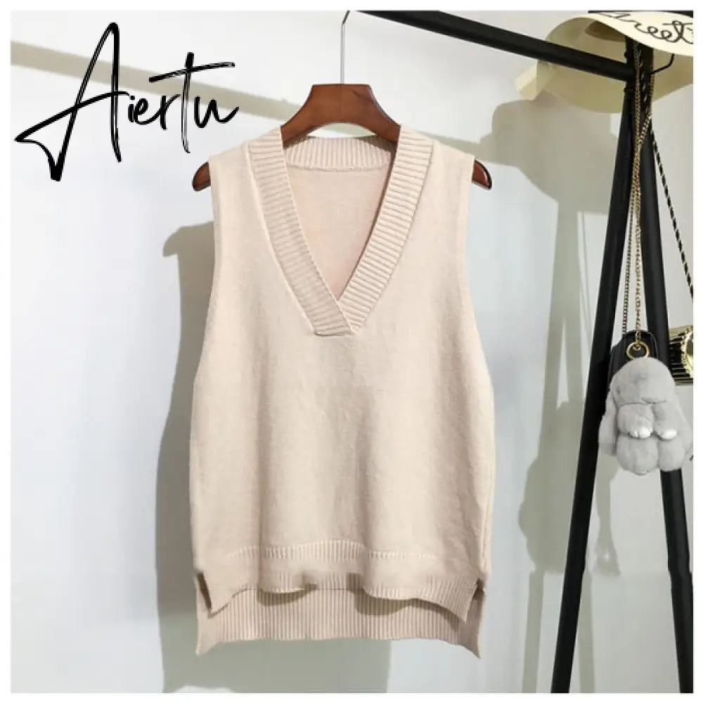 Aiertu Women V Neck Sweater Vest Korean Preppy Style Solid Knitted Sleeveless Sweater Female Autumn Winter Casual Loose Pullover Jumper Aiertu