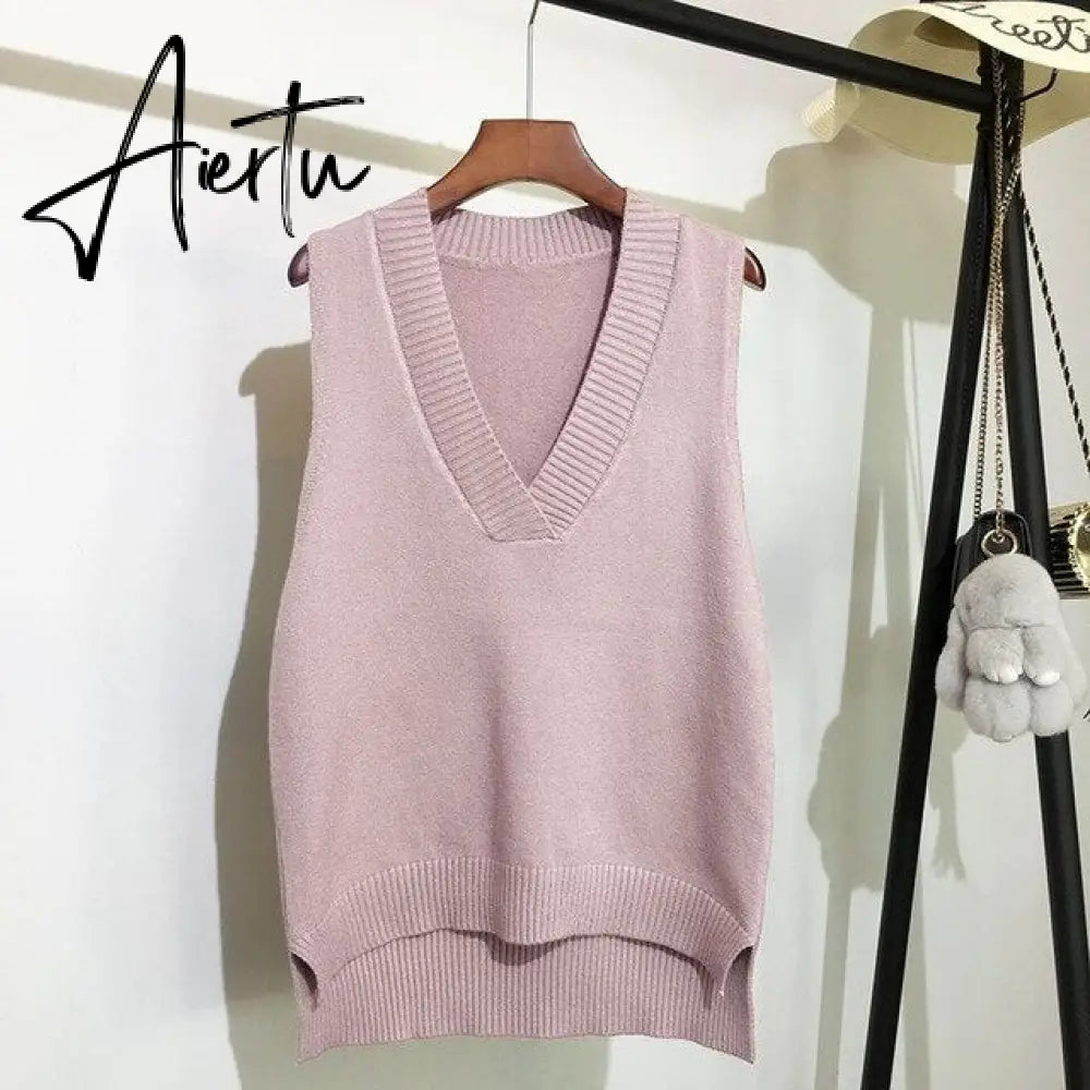 Aiertu Women V Neck Sweater Vest Korean Preppy Style Solid Knitted Sleeveless Sweater Female Autumn Winter Casual Loose Pullover Jumper Aiertu