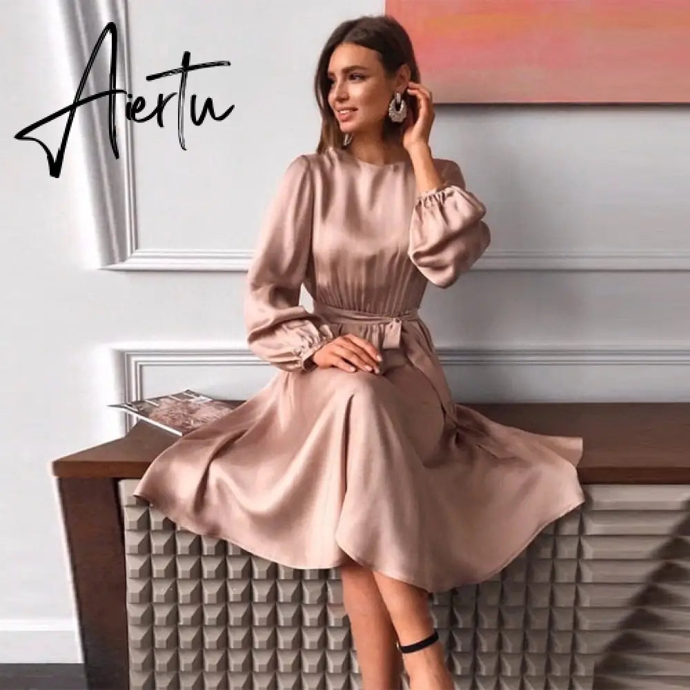 Aiertu Women Vintage Sashes Satin A-line Dress Lantern Sleeve O neck Solid Elegant Casual Party Dress  Summer OL New Fashion Dress Aiertu