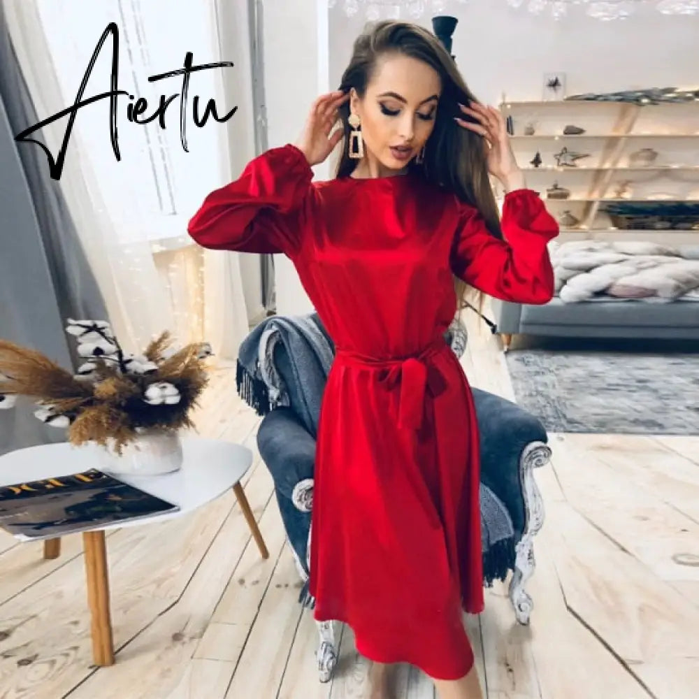 Aiertu Women Vintage Sashes Satin A-line Dress Lantern Sleeve O neck Solid Elegant Casual Party Dress  Summer OL New Fashion Dress Aiertu