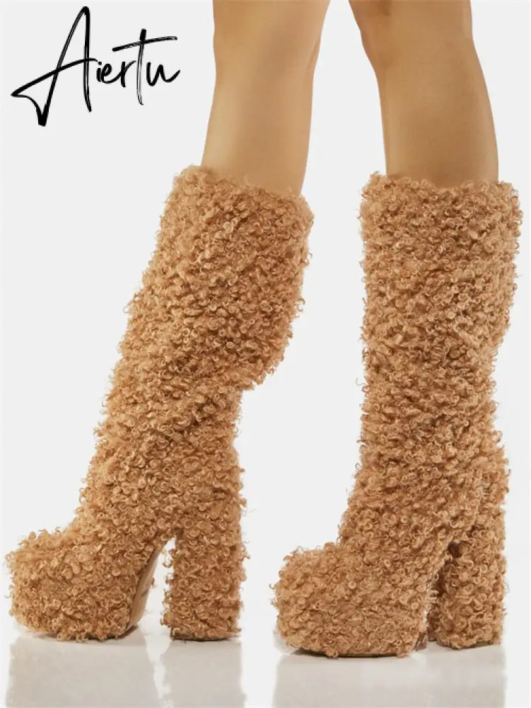 Aiertu Women Warm Fur Boots Winter Plush Faux Fur Snow Boots Fashion New Soft Curly Plush Platform Shoes Thick High-Heeled Round Toe Aiertu