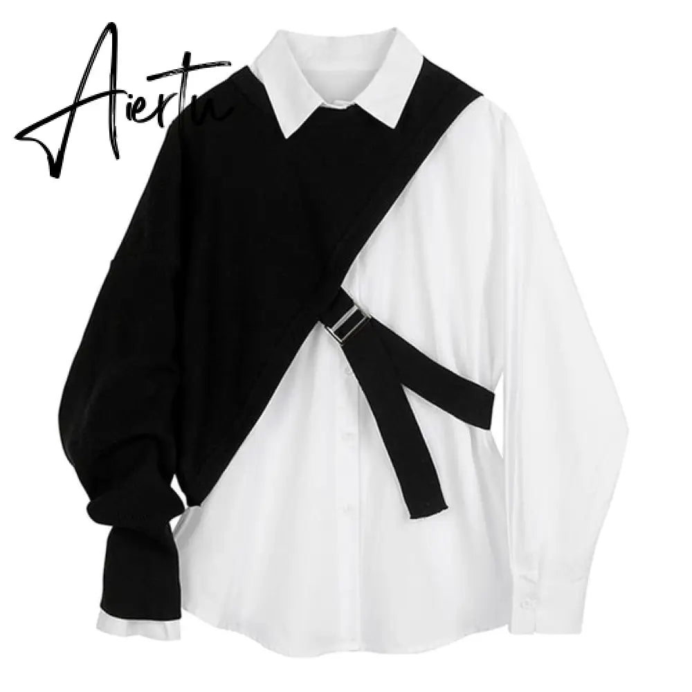 Aiertu  Women White Knitting Split Big Size Blouse New Lapel Long Sleeve Loose Fit Shirt Fashion Tide Spring Autumn 1DC019 Aiertu